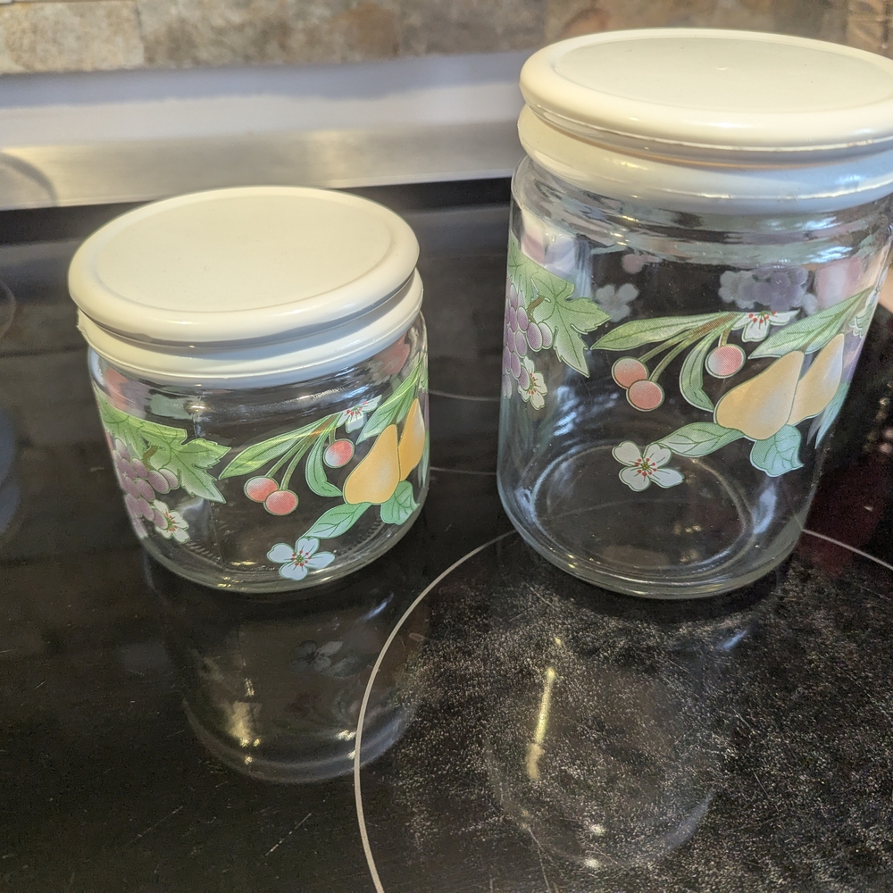 SET OF TWO Floral Glass Storage Jars with White Lids Vintage - Picture 2 of 6